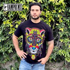 Handmade Serigraphy Print, Mexican Mens Jaguar T-Shirts Tiger Graphic Tees that are super stylish , bright and glow in Blacklight , Neon Lights, Mexican Art Skull Jaguar shirts , made by Artisans in Mexico in several designs . Mexican men Shirts. Short sleeve Men's apparel made of ultrasoft 100% cotton, this comfortable style is designed with a classic crew neckline, short sleeves and relaxed Fit, Our t-shirt is a perfect gift for that special person near you. Please check the Product images for Black Rave T-shirt With Screen Print, Black Cotton Rave T-shirt, Unisex Multicolor Screen Print T-shirt, Multicolor Screen Print Unisex T-shirt, Multicolor Screen Print Tops For Festival, Cotton Glow In The Dark T-shirt With Crew Neck, Black Cotton Top With Glow In The Dark Details, Rave T-shirt With Graphic Print For Festivals, Rave Festival T-shirt With Graphic Print