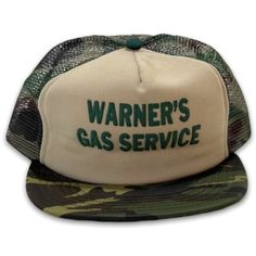 Vintage Warner's Gas Service Snapback Camo Hat Hunting Trucker Cap USA Made Circa: 1980's-90's Description: Warner's Gas Service felt letter Snapback Camo Hat. Made in the USA. Size: Snapback - One size fits most - Adult. Condition: Shows minimal to low wear. Snapback is in great shape. Colors are great. Brim is good and not broken. The crown is losing some shape from losing some stiffness(see pics). Sweatband shows a bit of dust from storage and/or possibly light wear(see pics). ** To protect h Vintage Trucker Hat With Letter Print And Curved Brim, Vintage 5-panel Trucker Hat With Letter Print, Vintage Trucker Hat With Letter Print, Vintage Letter Print Trucker Hat, Green Vintage Trucker Hat For Outdoor, Retro Outdoor Hat With Letter Print, Vintage Snapback Hat With Letter Print For Outdoor, Vintage Letter Print Snapback Hat For Outdoor, Vintage Snapback Hat With Letter Print