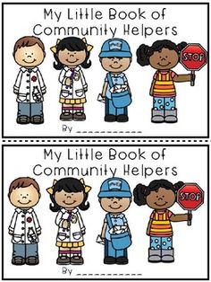 two pictures of children holding signs that say, my little book of community helpers