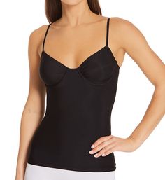 Silky microfiber camisole has supportive underwires and straps that adjust for fit. Made of nylon and spandex. Seamless underwire cup is unlined stretch microfiber with ruching at the center that comfortably expands for fit. Cups are spaced wide at center front, great for East/West breasts. Microfiber knit has 4-way stretch for a completely unique fit. Narrow covered elastic around the top of sides and back delivers a secure fit. Spaghetti straps with restricted stretch satin elastic are fully a Fitted Elastane Camisole With Built-in Bra, Elastane Camisole With Built-in Bra, Supportive Shapewear Tank Top With Built-in Bra, Stretch Camisole With Built-in Bra And Underwire, Shapewear Camisole With Underwire, Shapewear Camisole With Built-in Bra, Nylon Cami Top With Built-in Bra, Shaping Shapewear Camisole With Built-in Bra, Shapewear Camisole With Underwire And Adjustable Straps