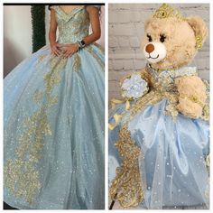 a teddy bear dressed in a blue and gold ball gown with sequins on it