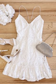 Our Celebrate My Love White Lace Ruffled Lace-Up Mini Dress is the perfect romantic mini for brides-to-be #lovelulus #lulusweddings Chic Mini Dress With Spaghetti Straps For Wedding, Chic Wedding Mini Dress With Spaghetti Straps, Elegant Spaghetti Strap Dress For Brunch, Elegant Dresses With Spaghetti Straps For Brunch, White Midi Dress With Sweetheart Neckline For Night Out, Feminine Mini Dress With Spaghetti Straps For Wedding, White Spaghetti Strap Midi Dress For Date Night, Feminine Spaghetti Strap Mini Dress For Wedding, Chic White Mini Dress With Spaghetti Straps