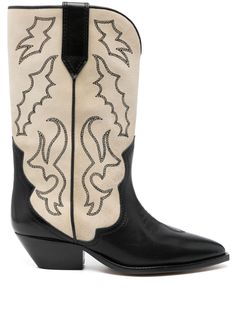 black/ecru calf leather smooth grain suede panelling Western-style panelling pointed toe mid-calf length low Cuban heel logo at the sole branded leather insole leather outsole pull-on style Wide Calf Cowgirl Boots, Boots Beige, Embroidered Boots, Wide Calf Boots, Wide Calf, Calf Boots, Black Leather Boots, Embroidered Design, Cowgirl Boots