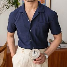 Super Stylish Ships In 5-10 Business Days Blue Outfit Men Formal, Cool Bartender Outfit, Men's Summer Wedding Attire, Casual Hoco Outfits For Guys, Nautical Fashion Men's, Blue Short Sleeve Shirt With Casual Collar For Spring, Navy Casual Shirt With Collar, Navy Casual Shirt With Casual Collar, Navy Short Sleeve Shirt For Summer