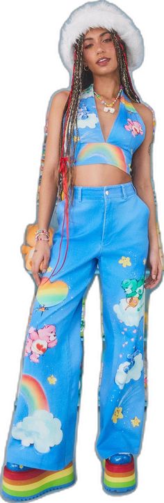 Blue Wide Leg Jeans With Graphic Print, Spring Graphic Print Denim Pants, Playful Blue Pants With Pockets, Casual Bottoms With Cartoon Print For Spring, Casual Spring Bottoms With Cartoon Print, Playful Denim Blue Bottoms, Playful High-waist Spring Bottoms, Playful High-waist Bottoms For Spring, Playful High Waist Spring Bottoms