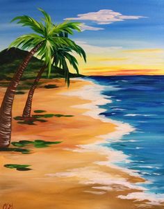 a painting of two palm trees on the beach