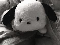 black and white photograph of a stuffed animal in bed with the covers pulled up to it's sides