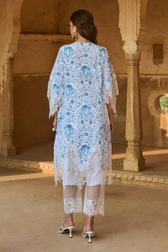 Blue lawn cotton kurta with floral and elepant print and chantilly lace embroidery. Paired with a lace applique pant and lace border dupatta. - Aza Fashions Bohemian Cotton Silk Sets For Spring, Bohemian Cotton Silk Spring Sets, Bohemian Cotton Sets With Dabka Detail, Bohemian Cotton Sets With Dabka, Bohemian Cotton Sets With Resham Embroidery, Bohemian Mulmul Dupatta For Summer, Bohemian Cotton Kurta With Dabka, Kurta Pant Set, Pant Set For Women