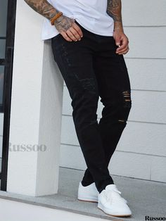 Russoo - Mens Spring-Summer Casual Denim: Slim Fit Mid-Stretch Jeans with Distressed Details for a Contemporary Street Style Distressed Stretch Jeans For Summer, Summer Streetwear Stretch Jeans, Summer Stretch Distressed Jeans, Summer Stretch Jeans For Streetwear, Ripped Stretch Jeans For Summer, Stretch Ripped Jeans For Summer, Summer Stretch Ripped Jeans, Urban Black Jeans For Summer, Mens Spring