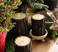 three candles sitting on top of a wooden table next to evergreen branches and pine cones