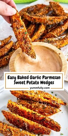 baked garlic parmesan sweet potato wedges on a white plate with dipping sauce