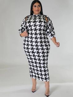 Fitted Houndstooth Midi Dress For Fall, Fitted Midi Dress With Houndstooth Pattern For Fall, Chic Houndstooth Midi Dress For Fall, Long Sleeve Houndstooth Dress For Spring, White Houndstooth Long Sleeve Dress, Long Sleeve Houndstooth Pattern Spring Dress, Fall Party Dress With Houndstooth Pattern, Casual Houndstooth Dress For Fall, Houndstooth Cardigan