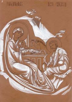 an image of jesus and mary in the mangeroom with angels on brown paper