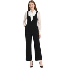 Made of knit fabric, comfortable and soft, this jumpsuit is cut in a relaxed fit and is perfect for cool seasons. Cut to a relaxed, loose fit, this jumpsuit features a u-neckline, button closure, and side zip with two side pockets for a touch of a casual look. When you wear this jumpsuit, it adds to your comfort. Simple and straightforward, the long wide-leg jumpsuit is an easy option for daily wear and weekends. Jump Suites Outfit Black Women, Gothic Business Casual Corporate Goth, Jumpsuit With Shirt Underneath, Shirt Under Jumpsuit, Jumpsuit With Blazer, Suede Jumpsuit, Work Jumpsuit, Long Overalls, Womens Black Jumpsuit