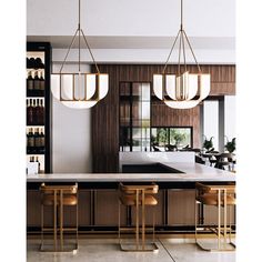 an image of a modern kitchen setting with bar stools and wine bottles on the shelves