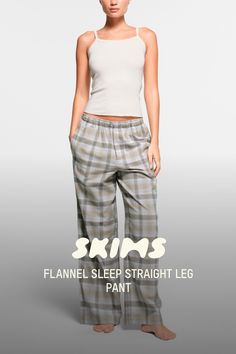 The pajama pant you’ll always prefer. This soft, lightweight sleep style is made with cotton flannel to keep you comfy and warm while catching zzz’s. Features a straight leg silhouette and a high, elastic waist. Detailed with side pockets, a hidden button at the front fly, and a tonal SKIMS logo embroidered at the left thigh. Don’t forget the Drop Needle Pointelle Long Cami to complete the set. Fits true to size. | SKIMS Flannel Sleep Straight Leg Pants | Grey | XS Straight Leg Pant, Pajama Pant, Plaid Pants, Swimsuit Cover Ups, Short Leggings, T Shirt Bra, Fall Shopping, Swimsuit Cover, Lingerie Fashion