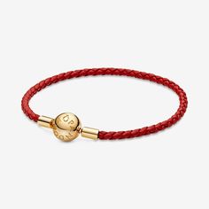 Pandora Moments Red Woven Leather Bracelet | Gold plated | Pandora US Elegant Leather Bracelets With Gold Clasp, Elegant Leather Bracelet With Gold Clasp, Yellow Gold Leather Bracelet As Gift, Yellow Gold Leather Bracelet Gift, Elegant Leather Jewelry With Gold Clasp, Yellow Gold Leather Bracelets For Gift, Classic Gold Leather Jewelry, Elegant Braided Leather Bracelets, Elegant Braided Leather Bracelet