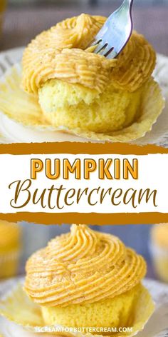 pumpkin buttercream cupcakes on a plate with a fork