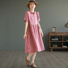 Non-stretch Short Sleeve Dress For Daywear, Casual Pink Knee-length Shirt Dress, Casual Linen Workwear Dress, Casual Shift Midi Dress, Pink Shift Midi Dress With Short Sleeves, Pink Midi Dress With Short Sleeves, Casual Pink Non-stretch Midi Dress, Casual Midi Dress For Work, Casual A-line Dress With Relaxed Fit