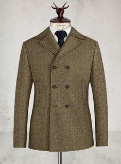 Harris Tweed Hebridean Brown Herringbone Pea Coat Brown Peacoat, White Linen Suit, Green Velvet Jacket, Royal Blue Suit, Peacoat Men, Herringbone Fabric, Herringbone Tweed, Beautiful Suit, Tweed Suits