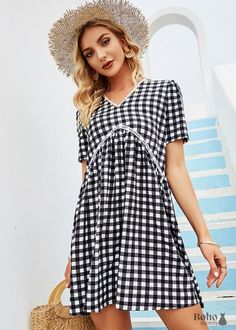 Boho Black And White Mini Dress Rowan - S - Dresses Black Mini Plaid Dress For Picnic, Summer Black Plaid Dress, Black Plaid Mini Dress For Picnic, Casual A-line Plaid Dress, Spring Black Plaid Mini Dress, Summer Plaid Black Dress For Picnic, Spring Black Plaid Mini Length Dress, Black Plaid Mini Dress For Summer, Black Plaid Mini Dress For Spring