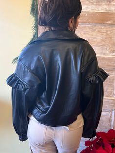 Puff sleeve, biker cropped jacket with ruffle detailing. Danielle is wearing a size small. Faux Leather Jacket, Cropped Jacket, Faux Leather Jackets, Crop Jacket, Puff Sleeve, Faux Leather, Leather Jacket, Leather, How To Wear