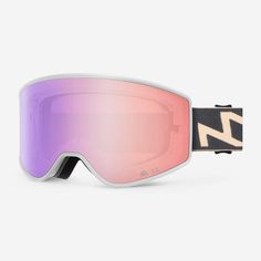 an image of a pair of ski goggles on a white background with pink lens