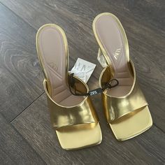 Nwt Zara Gold Sandals Size 7.5 Gold High Heel Spring Heels, Gold Closed Toe Sandals For Summer, Gold Round Toe Mules For Spring, Gold Open Toe Sandals For Spring, Gold Closed Toe Heels For Spring, Yellow Summer Evening Heels, Chic Gold Square Toe Sandals, Yellow Open Heel Sandals For Party, Chic Yellow Sandals For Parties