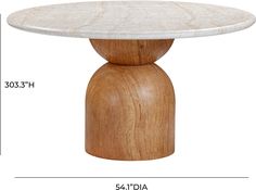 a table with a white marble top and wooden base, measurements for the height of the table