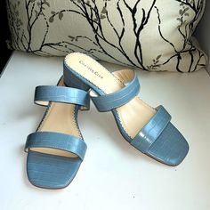 Nwt Charter Club Vernaa Blue Double Strap Slip On Block Heels 2” Sandals. Embossed Crocodile Look Of The Faux Leather. Summer Light Blue Low Heel Shoes, Casual Blue Sandals With Low Heel, Casual Blue Low Heel Sandals, Blue Synthetic Low Heels, Blue Flat Sandals For Formal Occasions, Blue Slip-on Heels, Club Shoes, Color Rojo, Charter Club