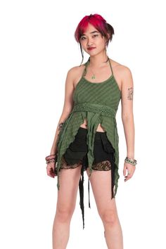 A cute little natural raggedy top to suit any faerie's wardrobe Ties at the back and neck to fit you perfectly. Raw edges for a natural look.  SIZE  ONE SIZE: Bust = 26-36" (66-91.5 cm) THIS LISTING IS FOR GREEN Also available in Black, Brown, Masala, Cream or Forest Code: RUGGED FAE TOP (ROKRUGFT) Fitted Green Top In Fairy Grunge Style, Fitted Fairy Grunge Top, Fitted Fairy Grunge Green Top, Fitted Fairy Grunge Top For Alternative Fashion, Green Fairy Grunge Tops For Spring, Summer Fairy Grunge Tops For Alternative Fashion, Fairy Grunge Fitted Summer Tops, Fitted Green Top For Festival, Fitted Green Fairycore Top