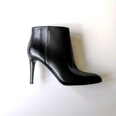 J. Crew Black Leather Stiletto Ankle Boot W/ Side Zip Brand New Never Worn Chic Business Boots With 4-inch Heel, Chic Heeled Boots With Ankle Strap And 4-inch Heel, Classic Faux Leather Heeled Boots For Evening, Classic Evening Heeled Boots In Faux Leather, Chic Ankle Boot Heels For Formal Occasions, Chic Formal Ankle Boot Heels, Chic Workwear Heeled Boots With 4-inch Heel, Chic Office Ankle Boot Heels, Classic High Ankle Heels For Formal Occasions