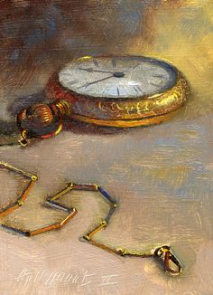 an oil painting of a clock and key laying on the ground next to each other