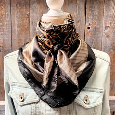 Our classic wild rag/scarf is black and yellow multi pattern with a geometric border. A perfect square - measuring 35"x35". Adding that extra touch of a western style to your outfit. 100% soft silk feeling polyester is durable to keep you warm in the cold and fashionable for any occasion. Plus it's machine washable ! Additional accessories are available- (Please see our slide options on our site) Leather slides Western concho slides Crystal concho slide Buckle slides Silk Scarf Outfit, Western Scarf, Wither Strap, Beaded Dog Collar, Designer Dog Collars, Western Accessories, Scarf Outfit, Teal Flowers, Geometric Border