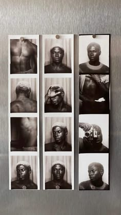 six black and white photographs of men with different facial expressions, taken in front of a stainless steel refrigerator