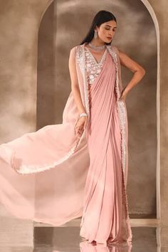 Shop for Seema Thukral Pink Pre-stitched Saree Jacket Set for Women Online at Aza Fashions Seema Thukral, Georgette Jacket, Saree Jacket, Saree Jackets, Stitched Saree, Anchor Threads, Saree And Blouse, Drape Saree, Embellished Jacket