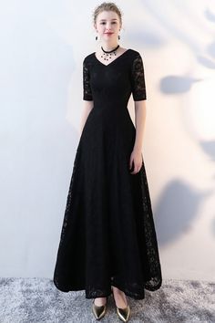 10% off now|Shop Long Black Lace Formal Dress Vneck with Half Sleeves online. All instock with free shipping. Pro since 2009. Black A-line V-neck Dress For Formal Occasions, Formal Black A-line V-neck Dress, Fitted Black A-line V-neck Dress, Black Fitted V-neck Dress With Short Sleeves, Black Fitted V-neck Dress For Formal Occasions, Elegant Black V-neck Dress With Short Sleeves, Black Fitted A-line V-neck Dress, Formal Fitted Black V-neck Dress, Formal Black Fitted V-neck Dress