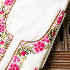 White Handcrafted Parsi Gara Dupion Silk Kurta Fabric - Khinkhwab Festival Unstitched Raw Silk Suit With Intricate Embroidery, Festive Unstitched Raw Silk Suit With Embroidered Border, Unstitched Raw Silk Suit With Intricate Embroidery For Festivals, Unstitched Tussar Silk Salwar Kameez With Resham Embroidery, Elegant Salwar Kameez With Multicolor Embroidery And Embroidered Border, Silk Unstitched Suit With Chikankari Embroidery For Traditional Ceremonies, Silk Unstitched Suit With Chikankari For Traditional Ceremonies, Elegant Floral Embroidered Salwar Kameez For Traditional Ceremonies, Multicolor Resham Embroidery Unstitched Suit In Raw Silk