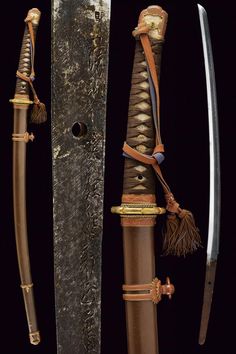 three different types of knifes on display in a museum case, one is brown and the other is gold