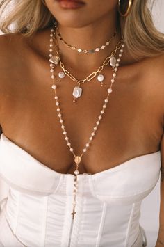 Styled with: The Pearly Vows Necklace, The XL Rosary Necklace waterproof, tarnish resistant, hypoallergenic necklaces perfect for everyday wear! Dangly Pearl Necklace, Hypoallergenic Necklaces, Jewellery Stack, Charm Bar, Amazon Account, Hypoallergenic Necklace, Mom Ring, Awesome Tattoos, Rosary Necklace