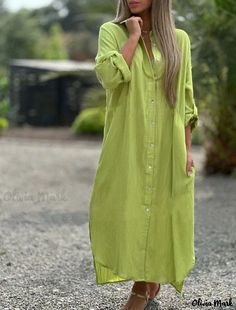 Olivia Mark - Stylish Casual Linen Shirt Dress with Long Sleeves and Open Front Tunic Shirt Dress, Linen Shirt Dress, Maxi Shirt Dress, Basic Dress, Necklines For Dresses, Midi Shirt Dress, Cardigan Fashion, Casual Skirts, Dress With Cardigan