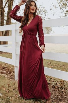 Red Lace Sleeve Faux Wrap Belted Maxi Dress Maxi Dress Outfit For Wedding, Long Sleeve Maxi Dress Outfit, Lace Long Dress, Belted Maxi Dress, Lace Splicing, Burgundy Lace, Swimwear Dress, Beach Weddings, Sleeve Maxi Dress