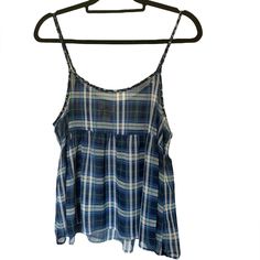 This Is Brand New, Never Worn, With Tags Removed. Let Me Know If You Have Any Questions! It’s A Sheer Top That Can Be Paired With Jeans Summer Plaid Top For Beach, Sleeveless Plaid Vacation Tops, Plaid Tops For Summer Daywear, Sleeveless Plaid Tops For Vacation, Casual Blue Tank Top For Daywear, Women Lipstick, Levis T Shirt, Silky Top, White Lace Blouse