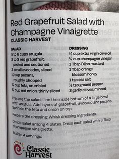 an article in a magazine about red grapefruit salad with champagne vinaigrette