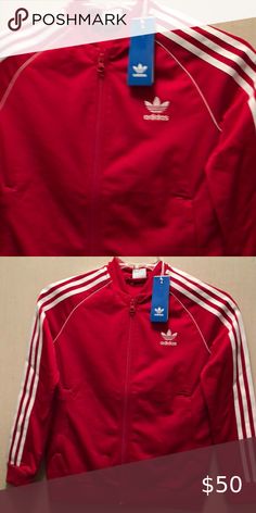 Adidas Superstar Top Jacket unisex scarlet /white  M adidas Shirts & Tops Sweatshirts & Hoodies Red Sporty Track Jacket With Three Stripes, Red Spring Track Jacket For Sports, Sporty Red Outerwear With Three Stripes, Adidas Casual Red Track Jacket, Red Track Jacket With Three Stripes, Casual Red Track Jacket With Three Stripes, Sporty Red Cotton Track Jacket, Adidas Red Winter Tops, Red Adidas Tops For Winter