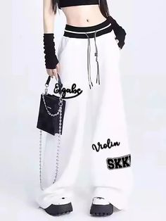 Season : All Season
Age : Junior
Pant Style : Wide Leg Pants
Front Style : Flat
Waist Type : High
Closure Type : Drawstring
Fabric Type : Broadcloth
Fit Type : Loose
Length : Full Length
Material : Polyester
Gender : Women
 



 

	
		
			
			size

			
			
			Waist(cm)

			
			
			Hips (cm)

			
			
			Pant Length(cm)

			
		
		
			
			S

			
			
			62

			
			
			106

			
			
			95

			
		
		
			
			M

			
			
			64

			
			
			108

			
			
			100

			
		
		
			
			L

			
			
			68

			
			
			110

			
			
			102

			
		
		
			
			XL

			
			
			72

			
			
			112

			
			
			103

			
		
		
			
			XXL

			
			
			76

			
			
			114

			
			
			104 White Baggy Hip Hop Bottoms, Hip Hop White Bottoms For Spring, White Wide Leg Hip Hop Pants, White Baggy Hip Hop Sweatpants, White Hip Hop Joggers With Pockets, White High Waist Hip Hop Bottoms, Hip Hop White Joggers With Pockets, Sporty Wide Leg Pants With Letter Print, White Stretch Hip Hop Bottoms