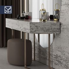 a marble console table with two lamps on it and a round stool in front of it