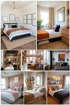 Collage of stylish bedroom designs with various decor elements like framed art, plants, and cozy bedding.