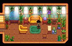 an image of a living room with furniture and plants on the walls, in pixel style