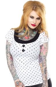 Throw on a Hey Viv Rockabilly Beki Top in white with black polka dots and add classic 1950s pin up flair to your style. Great with a pencil skirt or jeans. Made by Sourpuss. Rockabilly Shirts, Tattoo Shirts, Diesel Punk, Retro Tops, Dieselpunk, Black Dots, Black Polka Dot, Cyberpunk